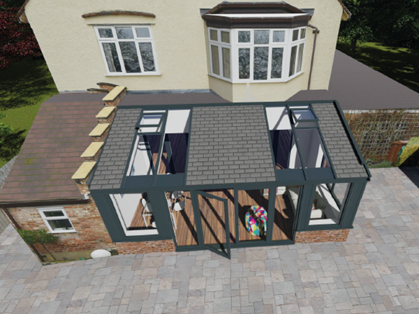 An Aerial View Of Visuals Of Anthracite Grey Solid Roof Conservatory With French Doors