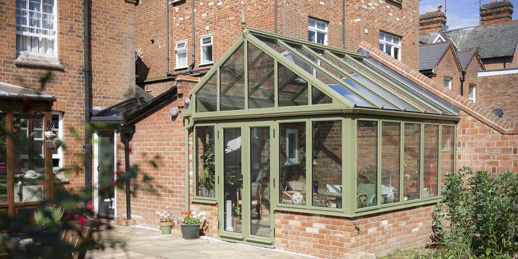 Green Aluminium Conservatory with Gable Front